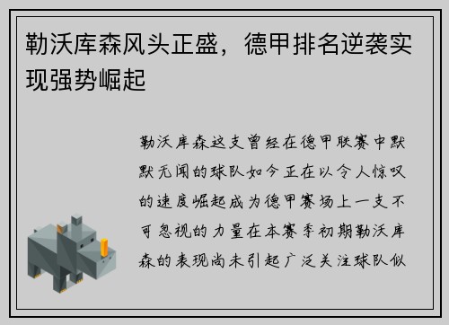 勒沃库森风头正盛，德甲排名逆袭实现强势崛起