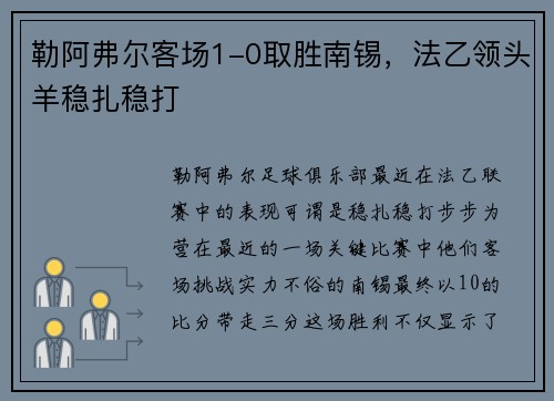 勒阿弗尔客场1-0取胜南锡，法乙领头羊稳扎稳打
